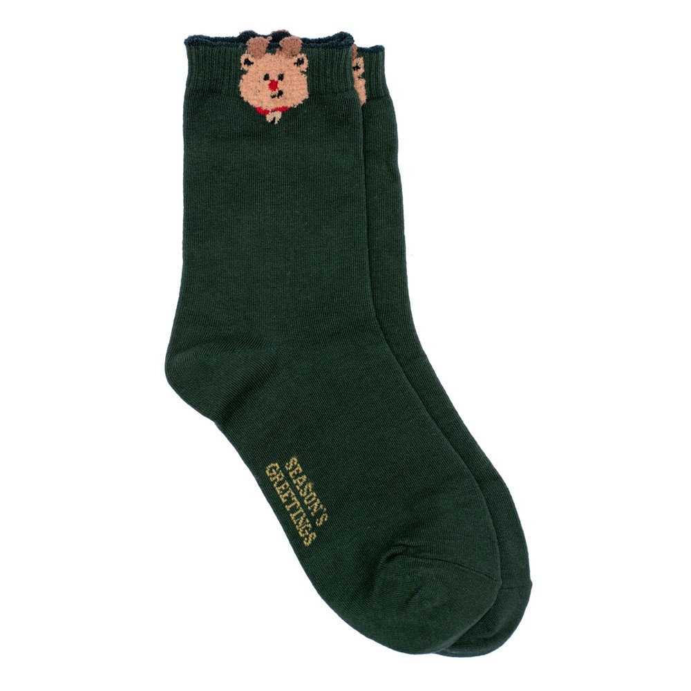 Socks cotton & spandex reindeer head cuff dark green