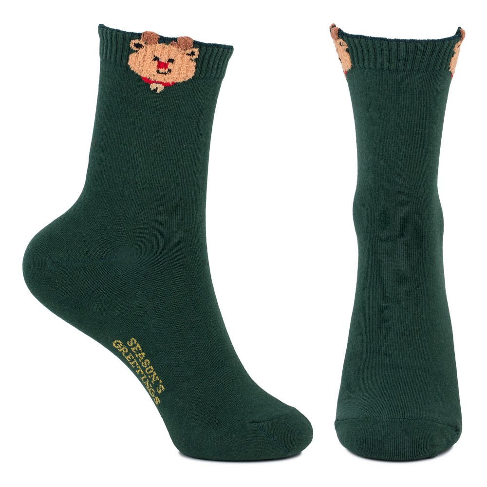 Socks cotton & spandex reindeer head cuff dark green - Image 2