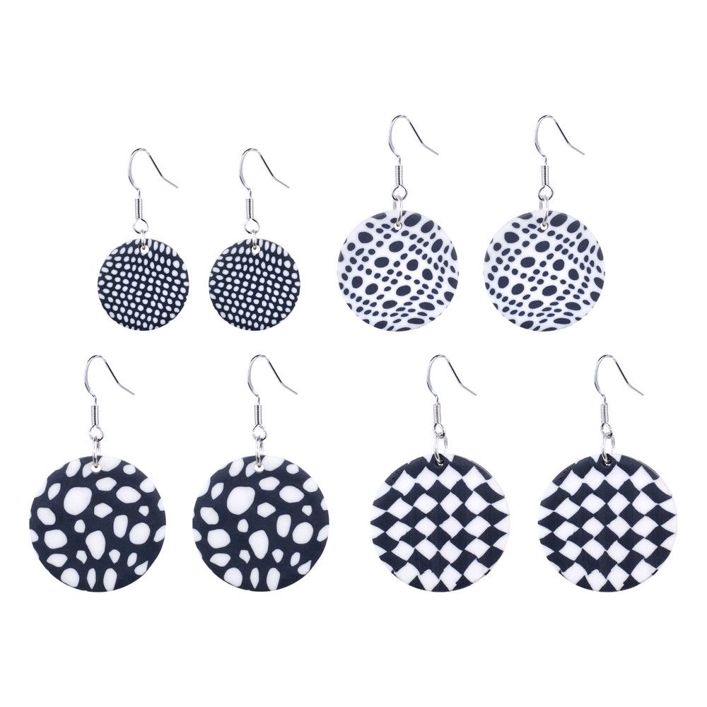 Drop earring polymer clay disc black & white