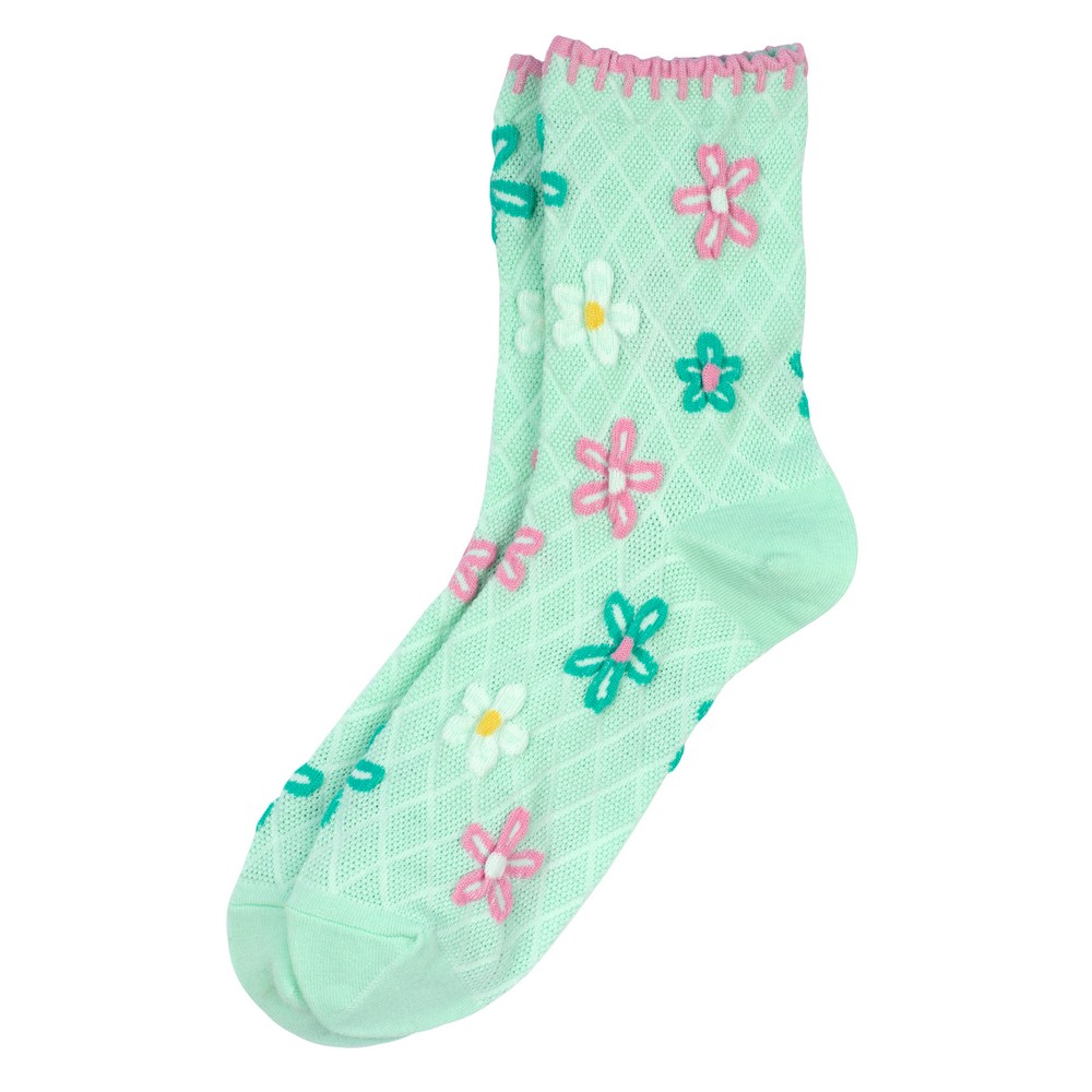 Socks cotton & spandex spring flower blanket stitch green