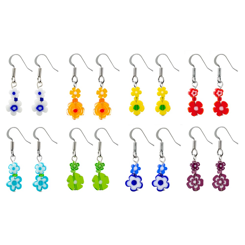 Drop earring millefiori glass flower assorted colours