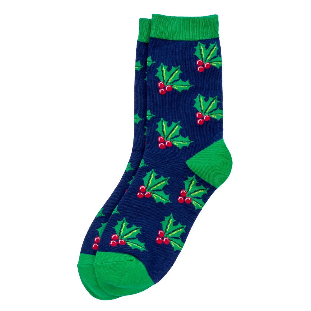 Socks cotton & spandex holly leaves navy blue