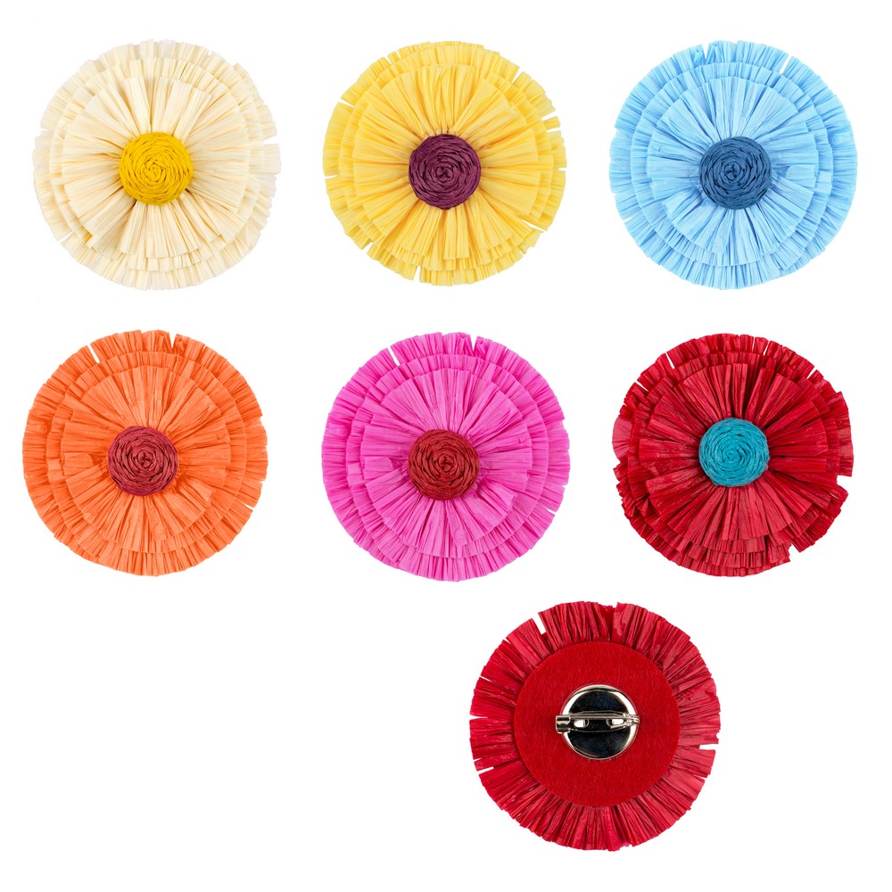 Brooch raffia rosette assorted colours