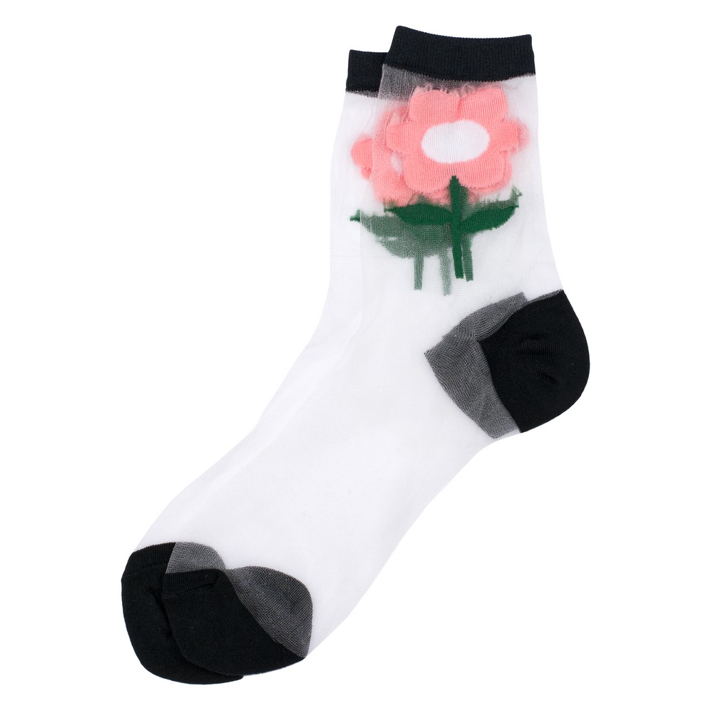 Socks cotton sheer big flower black
