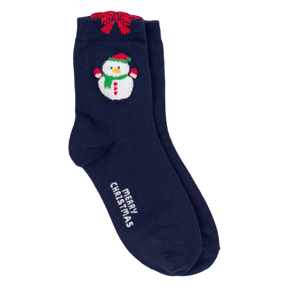 Socks cotton & spandex snowman bow cuff navy blue
