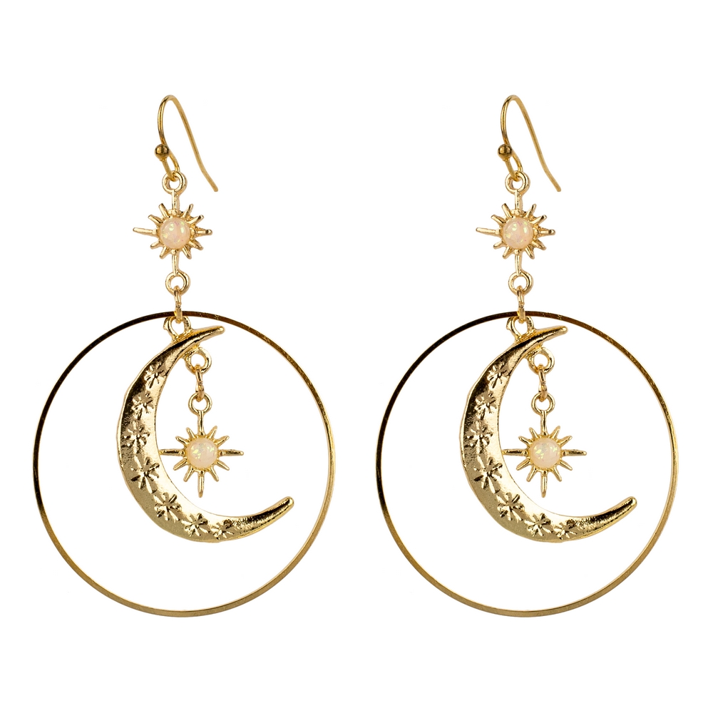 Drop earring moon with circle & star gold
