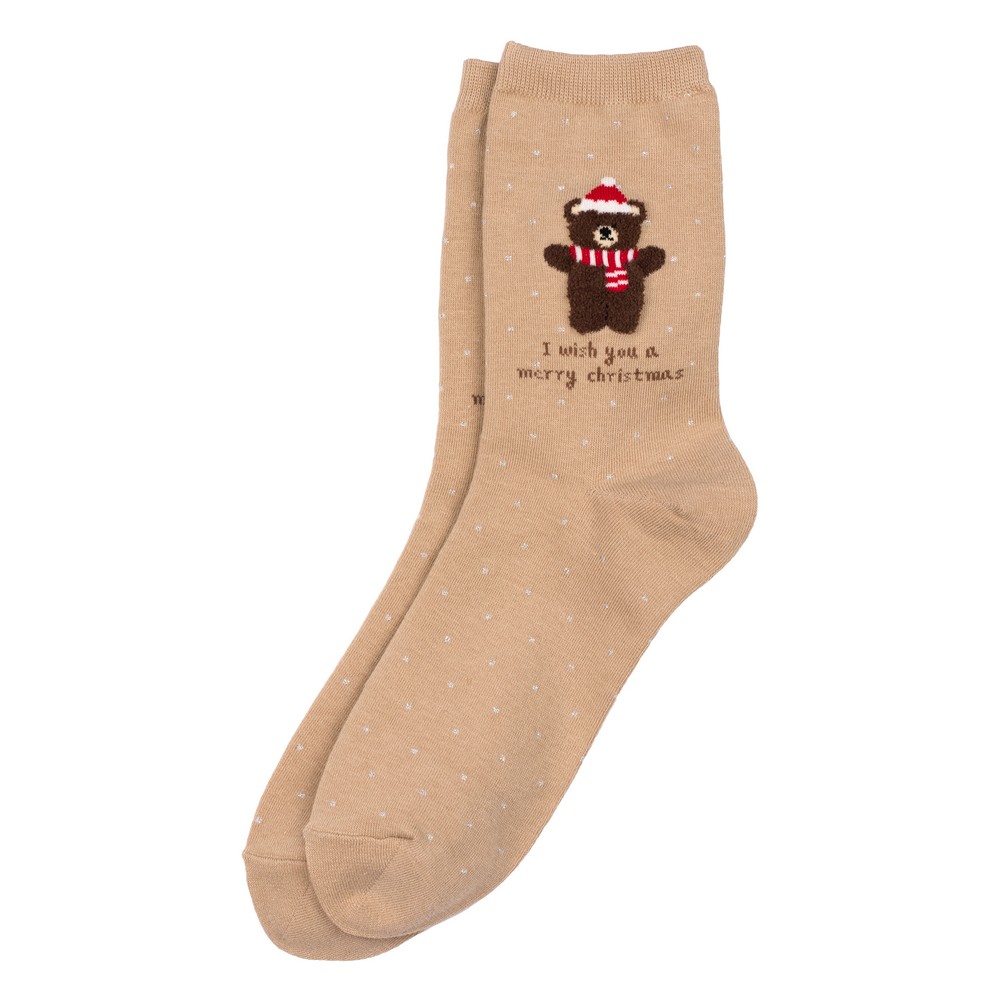 Socks cotton & spandex polka festive bear icon beige