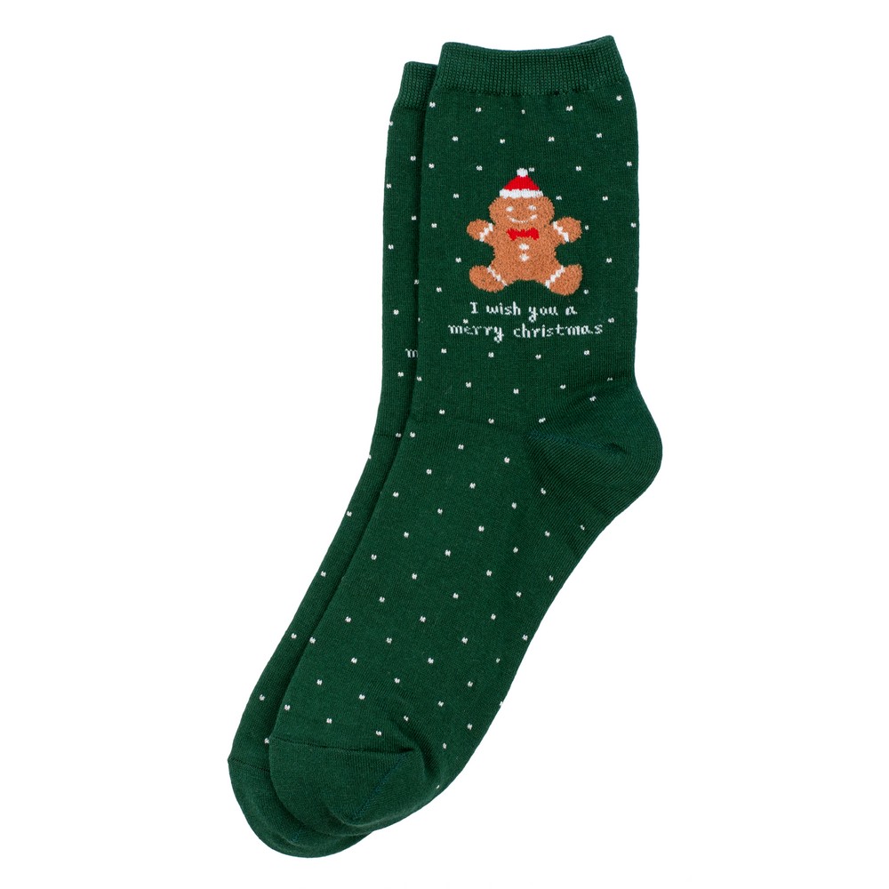 Socks cotton & spandex polka festive gingerbread man icon green