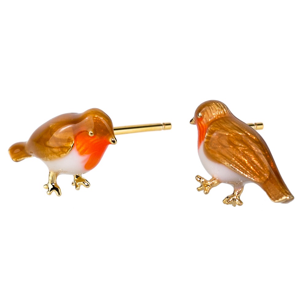 Stud earring brass & enamel robin multicoloured