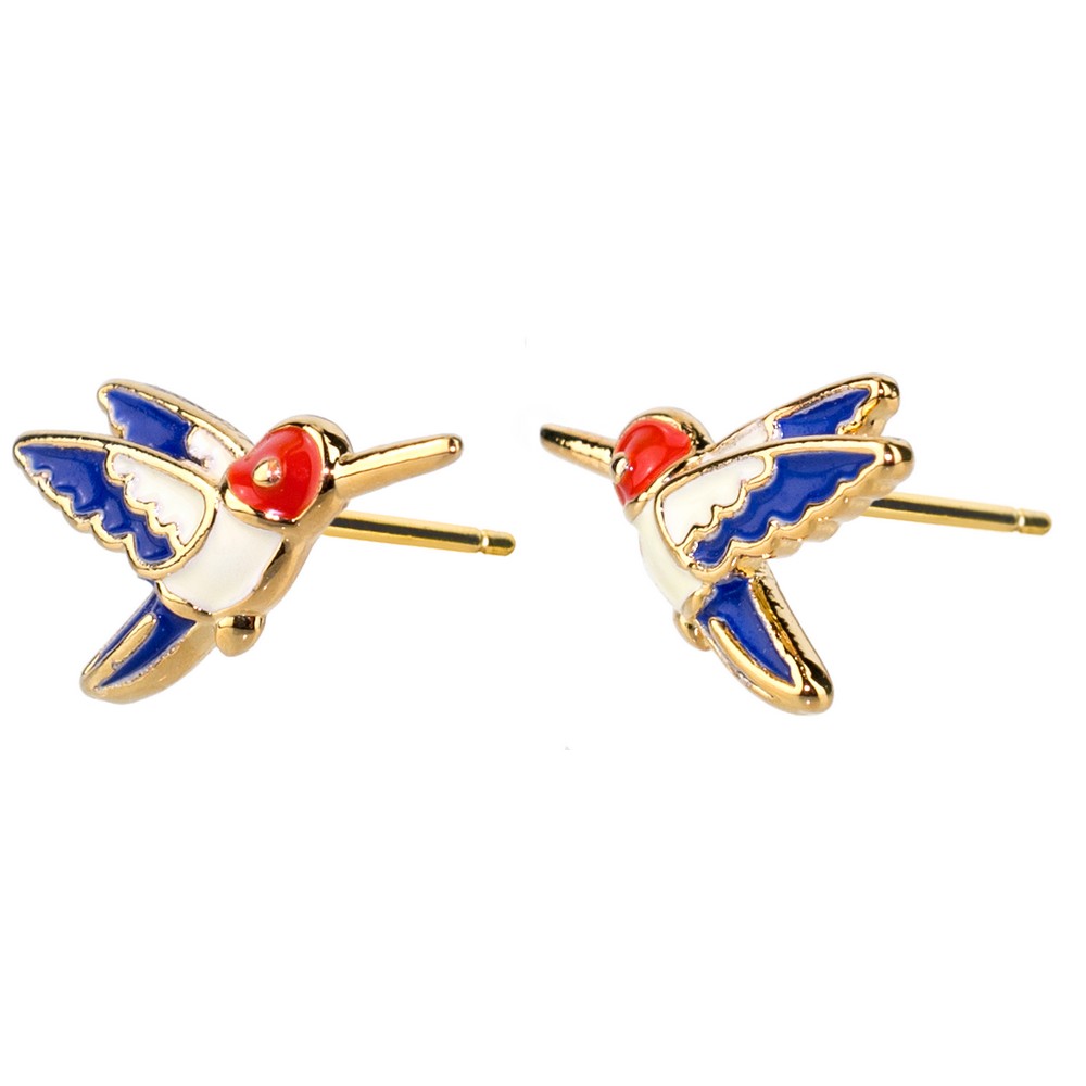 Stud earring brass & enamel hummingbird multicoloured