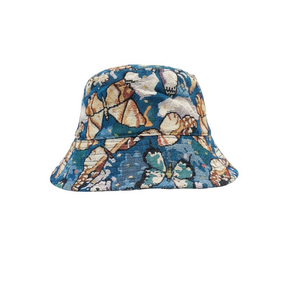 Hat bucket embroidered butterfly blue