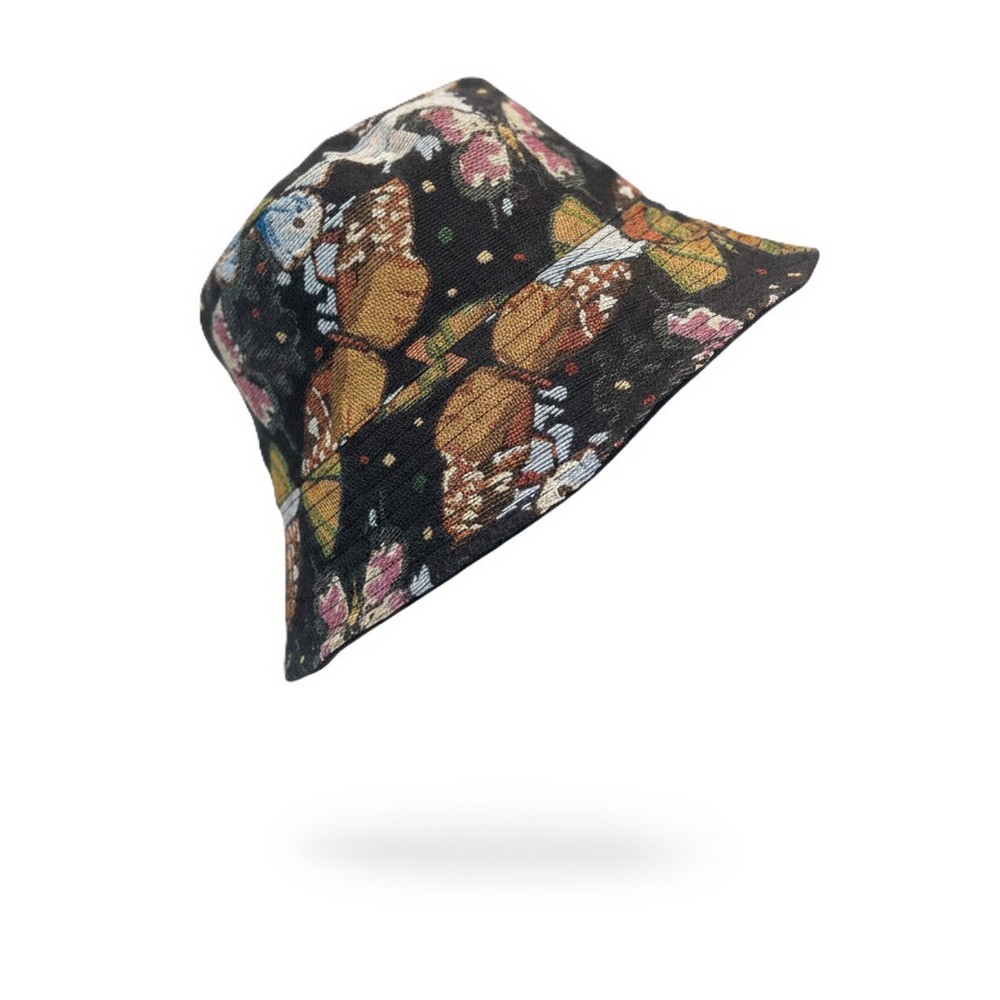 Hat bucket embroidered butterfly black