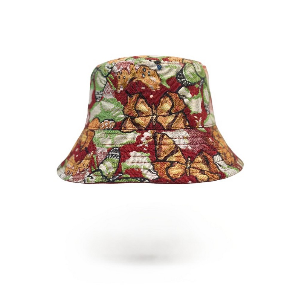 Hat bucket embroidered butterfly red