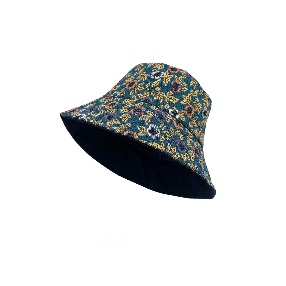 Hat bucket embroidered floral teal blue