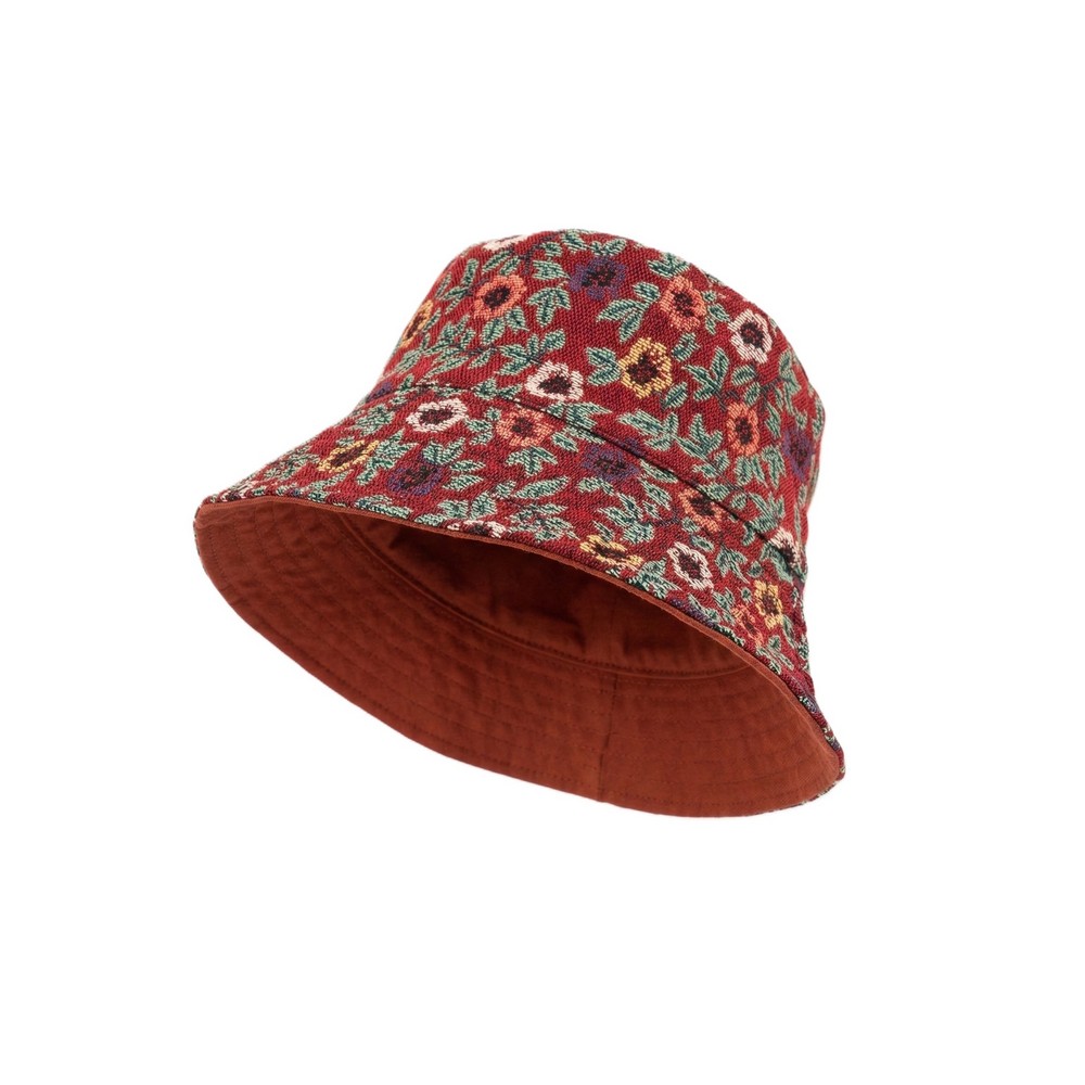 Hat bucket embroidered floral red