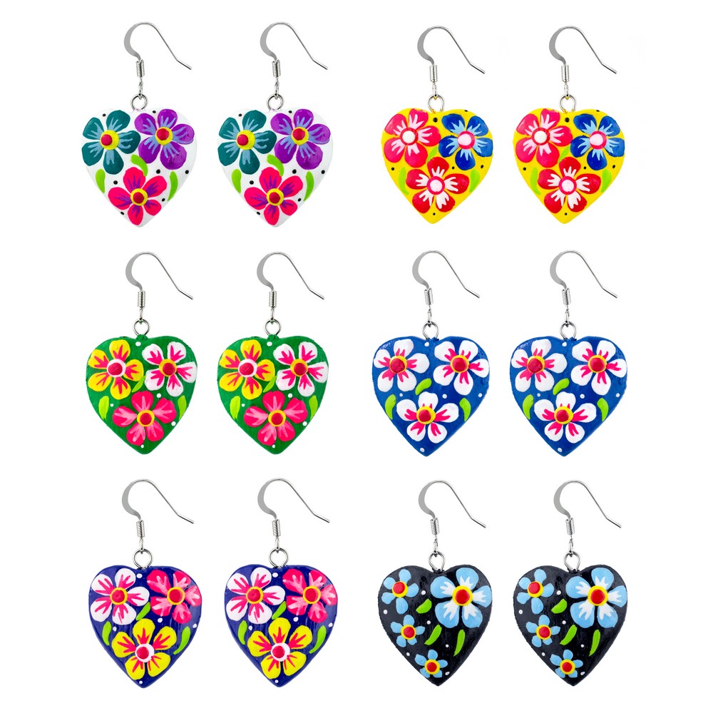 Drop earring wood painted hearts assorted colours