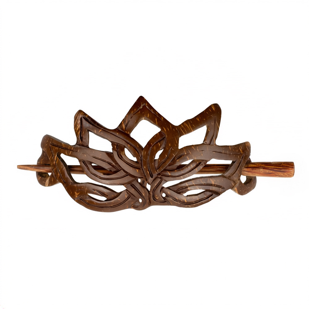 Barrette coconut handcarved lotus flower brown