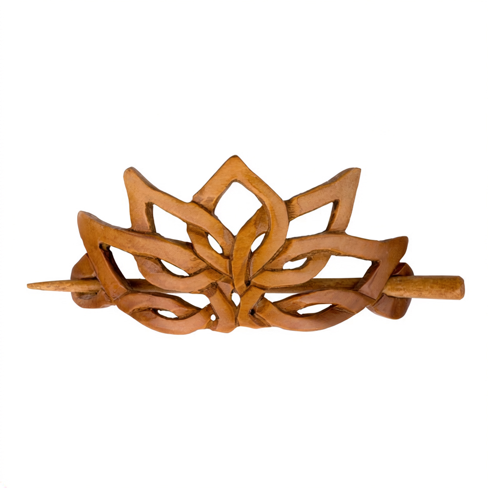 Barrette wood sawo handcarved lotus flower brown